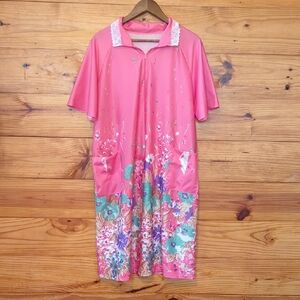 Grandmacore VTG Pink Floral Short-Sleeve Collared Zip House Dress L/XL